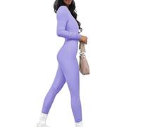 ORANDESIGNE A Violet Combinaison de Yoga Moulante en Tricot côtelé à Manches Longues et col carré pour Femme - Couleur Unie - Coupe ajustée et Extensible L