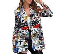 ORANDESIGNE Blazer Femme Imprimé Léopard Col à Revers Coupe Droite Oversize Tailleur Veste à Manches Longues Demi-Saison I Blanc L