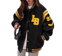 ORANDESIGNE Blousons Femme Bomber Jacket Harajuku Rétro Hip Hop Fermeture éclair Boutons Patchwork Manches en cuir PU Manteau Collégial Baseball Veste Manteau en Laine Automne Hiver M Noir, L
