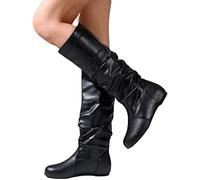 ORANDESIGNE Bottes de Cowboy Femme Bottes de Chevalier Botte de Neige Plates Chic Botte Montantes Bottine Femmes Automne Cowboy Western Boots Mi-Mollet pour Automne Hiver A Noir 43 EU