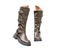 ORANDESIGNE Bottes Femme Cuir PU Botte Haute Style Motard Boots Fermeture Éclair Latérale et Boucles A Marrone 38 EU