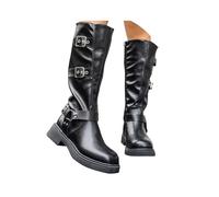 ORANDESIGNE Bottes Femme Cuir PU Botte Haute Style Motard Boots Fermeture Éclair Latérale et Boucles A Nero 36 EU