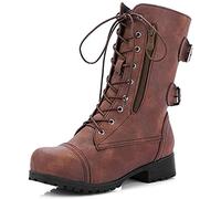 ORANDESIGNE Bottes Femmes Bottes de Combat Militaires Bottes Plates à la Mode Bottines à Lacets Poche Zippée Automne Hiver Marron 39 EU