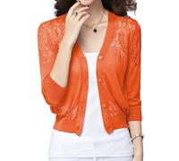 ORANDESIGNE Cardigan Court Femme Chic et Élégant Léger Gilet en Tricot Manches 3/4 Col V Boléro Casual avec Boutons Pull Veste Chandail Manteau Chic Classique A Orange S