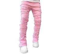 ORANDESIGNE Cargo Jean Skinny Détruit pour Hommes, Pantalon Extensible en Denim Stretch Coupe Slim Décontracté avec Trous Déchirés Coleur Unie Pantalon de Travail Fête de pères I Rose XXL