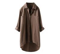 ORANDESIGNE Chemise Longue Lin Femme Chemisier Coton Et Lin Col en V Bouton Manches Longues Tops Couleur Unie Lâche Respirant T-Shirts Casual Lin Tunique Blouse Bikini Cover-up A Marron XXL