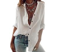 ORANDESIGNE Chemise Tunique Femme Longue Chic et Élégant Fluide Blouse Fleurie Haut Mode Chemisier Vintage Retro Tshirt Manche Longue Col V Tee Shirt Lâche Top A Blanc L