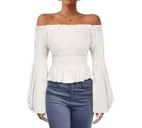 ORANDESIGNE Chemisier Gothique de Renaissance pour Femmes à Manches Évasées avec Volants et Épaules Dénudées Haut Corset Médiéval Victorien pour Costumade Chemise de Pirate B Blanc S