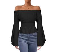 ORANDESIGNE Chemisier Gothique de Renaissance pour Femmes à Manches Évasées avec Volants et Épaules Dénudées Haut Corset Médiéval Victorien pour Costumade Chemise de Pirate B Noir S
