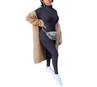 ORANDESIGNE Combinaison de Yoga Femme Col Debout Jumpsuit Manches Longues Vêtement de Sport Slim Fit Fermeture Éclair Une Pièces Bodysuit Bodycon Romper Leggings A Noir M