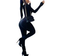 ORANDESIGNE Combinaison de Yoga Femme Col Debout Jumpsuit Manches Longues Vêtement de Sport Slim Fit Fermeture Éclair Une Pièces Bodysuit Bodycon Romper Leggings B Noir XL