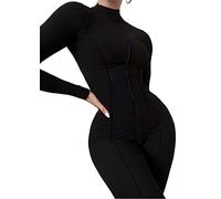 ORANDESIGNE Combinaison Serré Zip Femme Combinaison Élastique à Manches Longues Slim Fit Yoga Jumpsuits Couleur Unie Skinny Sexy Playsuit de Sport Fitness Serrée Bodysuit Pyjama E Noir XS