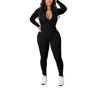 ORANDESIGNE Combinaison Serré Zip Femme Combinaison Élastique à Manches Longues Slim Fit Yoga Jumpsuits Couleur Unie Skinny Sexy Playsuit de Sport Fitness Serrée Bodysuit Pyjama A Noir M