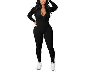 ORANDESIGNE Combinaison Serré Zip Femme Combinaison Élastique à Manches Longues Slim Fit Yoga Jumpsuits Couleur Unie Skinny Sexy Playsuit de Sport Fitness Serrée Bodysuit Pyjama A Noir M