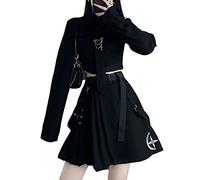 ORANDESIGNE Costume Punk Femme Fille Noir Shirt Longue à Manches Courtes Chemise à Manches Longues Jupe Plissée Costume 2 Pièces Gothic Robe Printemps Été A Top S