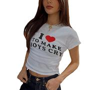 ORANDESIGNE Crop Top Femme Fille Moulant Tops Court Blouse Stretch Manche Courte Imprimé Hip Hop E-Girl Col Rond T-Shirt Ajusté Chemisier Eté Mode Chic Hauts Femme Y2K R Blanc L