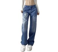 ORANDESIGNE D Bleu Femme Y2K Jeans Taille Haute Jeans à Jambe Large Taille Basse Imprimé Vintage Baggy Hose Pantalon en Denim Droit Slim Flare Jean E-Girl Streetwear M
