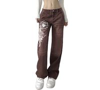 ORANDESIGNE D Marron Y2K Jeans pour Femme Taille Basse Jean Évasé Coupe Large Pantalon Cargo Ample Gothique Punk Foncé Vintage Baggy Hose Droit Pantalon en Denim E-Girl Streetwear M
