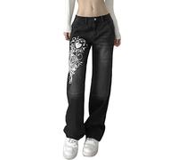 ORANDESIGNE D Noir Y2K Jeans pour Femme Taille Basse Jean Évasé Coupe Large Pantalon Cargo Ample Gothique Punk Foncé Vintage Baggy Hose Droit Pantalon en Denim E-Girl Streetwear S