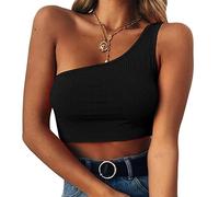 ORANDESIGNE Débardeur Femme Sexy Chic Tank Top Crop en Tricot Élégant sans Manches Décontracté Été Une épaule Slim Camisole Court T-Shirt Haut A Noir M