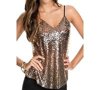 ORANDESIGNE Débardeurs Femme Basique Haut à Bretelles Bandoulière Réglable Col en V Cami Débardeurs Casual Lâche Tops sans Manches Gilet Pailleté Camisole Clubwear C Or M