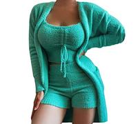 ORANDESIGNE Ensemble Pyjama Femme 3 Pièces Polaire Hiver Chaud Gilet Fausse Fourrure + Camisole Crop Top + Short Casual Outfit Couleur Unie Loungewear Suits Vêtements de Nuit A Vert M