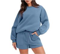 ORANDESIGNE Ensemble Sport Femme Fitness Complet Tenue Sweatsuits Loisirs Col Rond Survetement Décontractée Fashion Collocation Jogging Sports Fitness avec Cordon Shorts de Jogging A Marine M