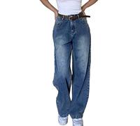 ORANDESIGNE F Bleu Femme Y2K Jeans Taille Haute Jeans à Jambe Large Taille Basse Imprimé Vintage Baggy Hose Pantalon en Denim Droit Slim Flare Jean E-Girl Streetwear S