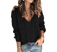 ORANDESIGNE Femme Cardigan en Tricot Col en V Pull Manches Longue de Couleur Unie Gilet avec Boutons Court Vintage Elegante Shrug Bolero Tricot A Noir S