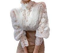 ORANDESIGNE Femme Chemisier Dentelle Chemise Victorien à Manche Longue Chemisier Ajouré Top Blouse Renaissance Elégant Vintage Mode Casual Couleur Unie Ample Lace Tunique Shirt A Blanc S