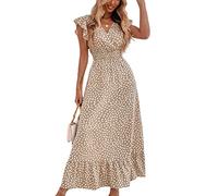 ORANDESIGNE Femme D'été Robe Longue à Pois Wrap Col en V Manches Courtes Ceinture à Volants Ourlet A-Line Boho Maxi Robes H Kaki M