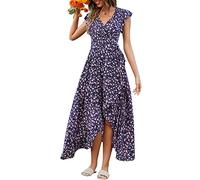 ORANDESIGNE Femme D'été Robe Longue Imprimé Floral Wrap Col en V Manches Courtes Ceinture à Volants Ourlet A-Line Boho Maxi Robes D Bleu Foncé XL