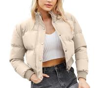 ORANDESIGNE Femme Doudoune Courte Manteau Hiver Y2K Mode Élégant Veste Doudoune Col Montant Puffer Jacket Court Blouson Doudoune Duvet Chaud Veste Matelassée Blouson B Beige S