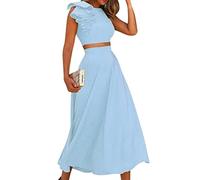 ORANDESIGNE Femme Ensemble Crop Top Et Jupe Longue Tenue de Soiree Chic et Glamour Sexy Costume Tailleur 2 Pièces Outfit Elegant Travail Décontractée au Bureau Mode Set Vetement Bleu L