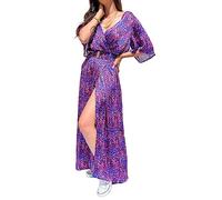 ORANDESIGNE Femme Ete Robe Longue Fluide Boho Midi Robes de Plage Chic Et Élégant Imprimé Floral Wrap Col en V Manches Courtes A-Line Robe Casual Fendue Robe Vacances D Violet XL