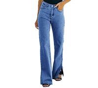 ORANDESIGNE Femme Jean Évasé Pants Pantalon Boutonné Jeggings Stretch Zippé Coupe en Denim Elastique Leggings avec Poche Bootcut Casual Décontracté Pantalon Vintage A Bleu L