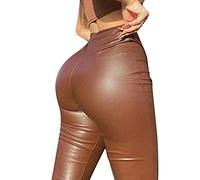 ORANDESIGNE Femme Leggings en Simili Cuir Taille Haute Sexy Skinny Stretch Slim Pantalon Moulante Élastique Leggings PU Crayon Slim Collants A Marron M