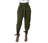 ORANDESIGNE Femme Mode Pantalon Taille Haute Décontracté Travail Chic Crayon Pantalon Taille Haute avec Ceinture Pantalon Chic Pants Coupe Ajustée Pantalon De Loisirs A Armée Verte XS