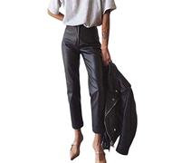 ORANDESIGNE Femme Pantalons en Simili Cuir Pantalon Droit Taille Haute Style Y2K Vintage Pantalon à Jambes Larges F Noir S