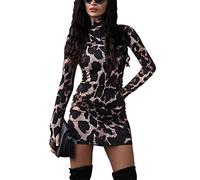 ORANDESIGNE Femme Robe Courte Sexy Moulante Chic Manche Longue Imprimée Mini Vintage Slim Dress de Cocktail Party Soirée Léopard 42