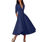 ORANDESIGNE Femme Robe de Cocktail Vintage Business Manches 3/4 Robe Col V Swing Soirée A-Line Robe Midi Élégant Marine 40