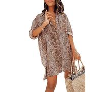 ORANDESIGNE Femme Robe de Plage Été Bohême Mini Robes Col V Léopard Imprimée Manches Longues Grande Taille Sexy Casual Robe D Kaki XL