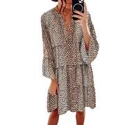 ORANDESIGNE Femme Robe de Plage Été Bohême Mini Robes Col V Léopard Imprimée Manches Longues Grande Taille Sexy Casual Robe B Marron XL