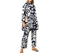 ORANDESIGNE Femme Shirt 2 Pièces Set Élégante Ample Imprimées Ensemble de Chemises à Boutons Chic et Pantalon Large à Taille élastiquée Deux Pièces Informel Pantalon Costumes A Bleu XL