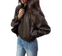 ORANDESIGNE Femme Veste Cuir Automne Blouson Veste Simili Cuir de Moto Fermeture Éclair Oversize Manteau Streetwear C Marron XS
