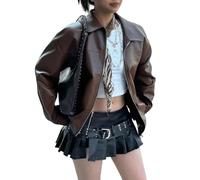 ORANDESIGNE Femme Veste Cuir Automne Blouson Veste Simili Cuir de Moto Fermeture Éclair Oversize Manteau Streetwear A Café M