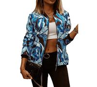 ORANDESIGNE Femme Veste Motard Blouson Court Zippe a Motifs des Fleurs Fashion Fleuri Blouson Veste Moto Veste Chic Manches Longues Bleu foncé XXL