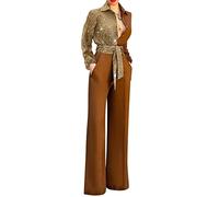ORANDESIGNE Femmes Combinaison Une épaule Col en V Barboteuse Jumpsuit D'été Chic Pantalon Loose à Fleurs Casual Combishort avec Poches B Brun, S