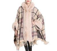 ORANDESIGNE Femmes Longue Cape Poncho Tranchée Manteau Front Ouvert Cardigan Veste Cape Poncho Fausse Fourrure Châle Étole Tricoté pour Hiver Mariage Soirée Mariée Automne D Beige
