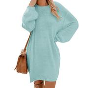 ORANDESIGNE Femmes Pull Tricoté Col Rond Solide Couleur Col Roulé Chandail À Manches Longues Lâche Pullover Mini Dress Long Tricots Bleu 34